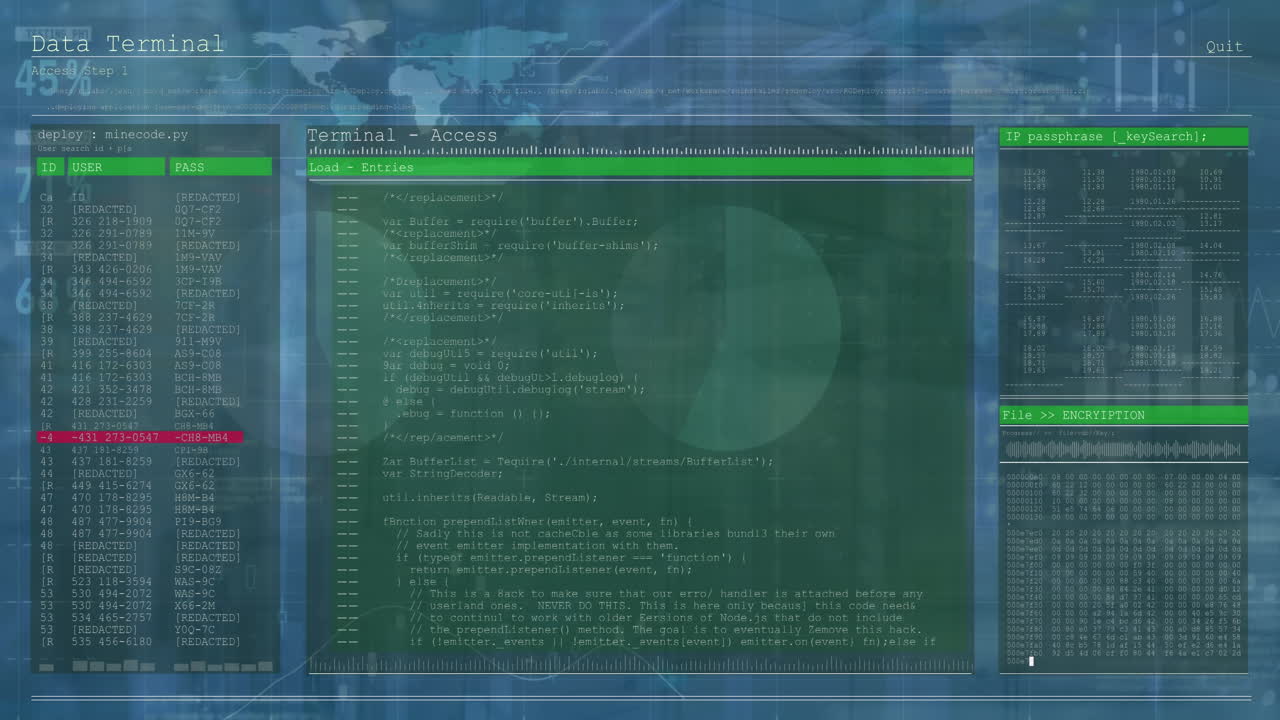 Animation of interface with data processing against empty computer server room