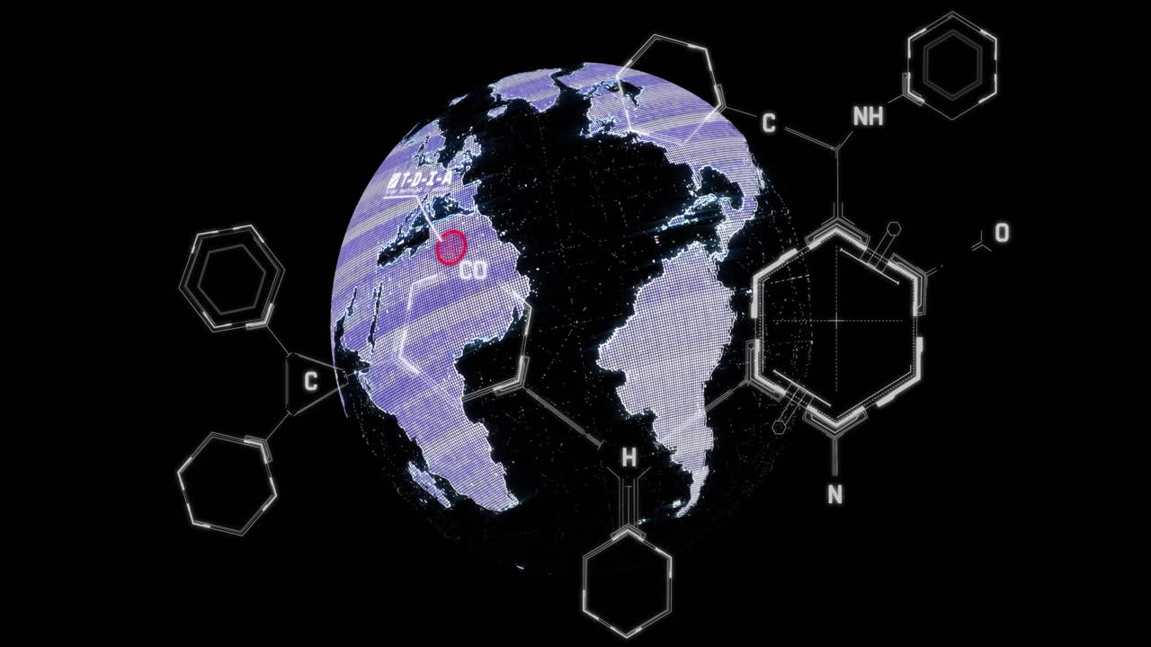 보인 co 분자와 함께 회전하는 지구에 대한 화학 구조 애니메이션