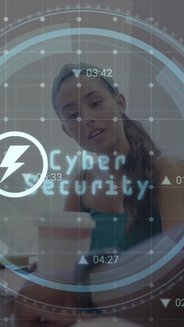 Animation of cyber security text, barcode, sustainable icon, diverse coworker discussing over laptop