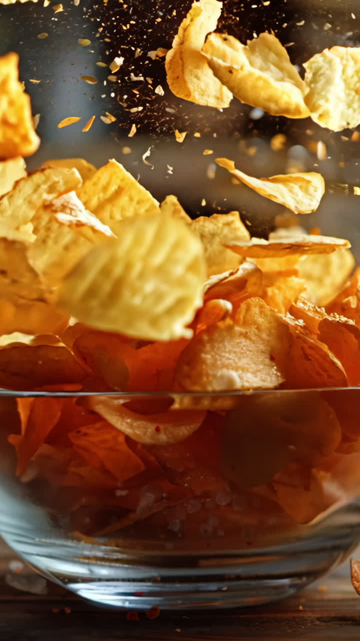 A bowl of potato chips is scattered on a wooden table. The chips are in various stages of being eaten, with some still in the bowl and others on the table Vertical video