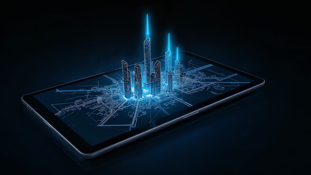 Powering tablet projecting holographic city on dark surface, pulsing blueprint lines and beams