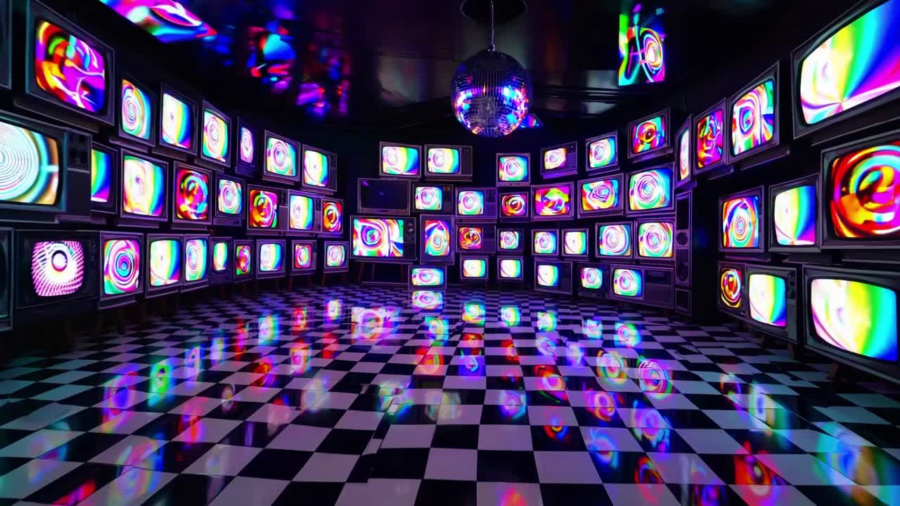 Vibrant room filled with retro televisions displaying colorful swirling patterns, reflecting light on checkered floor, creating a dynamic visual experience in a captivating atmosphere