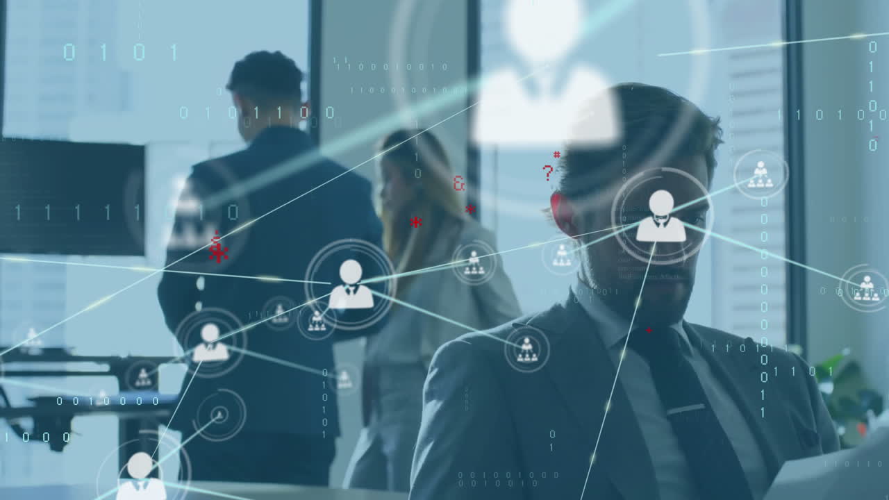 animación de la red de conexiones con iconos sobre empresario caucásico en el cargo