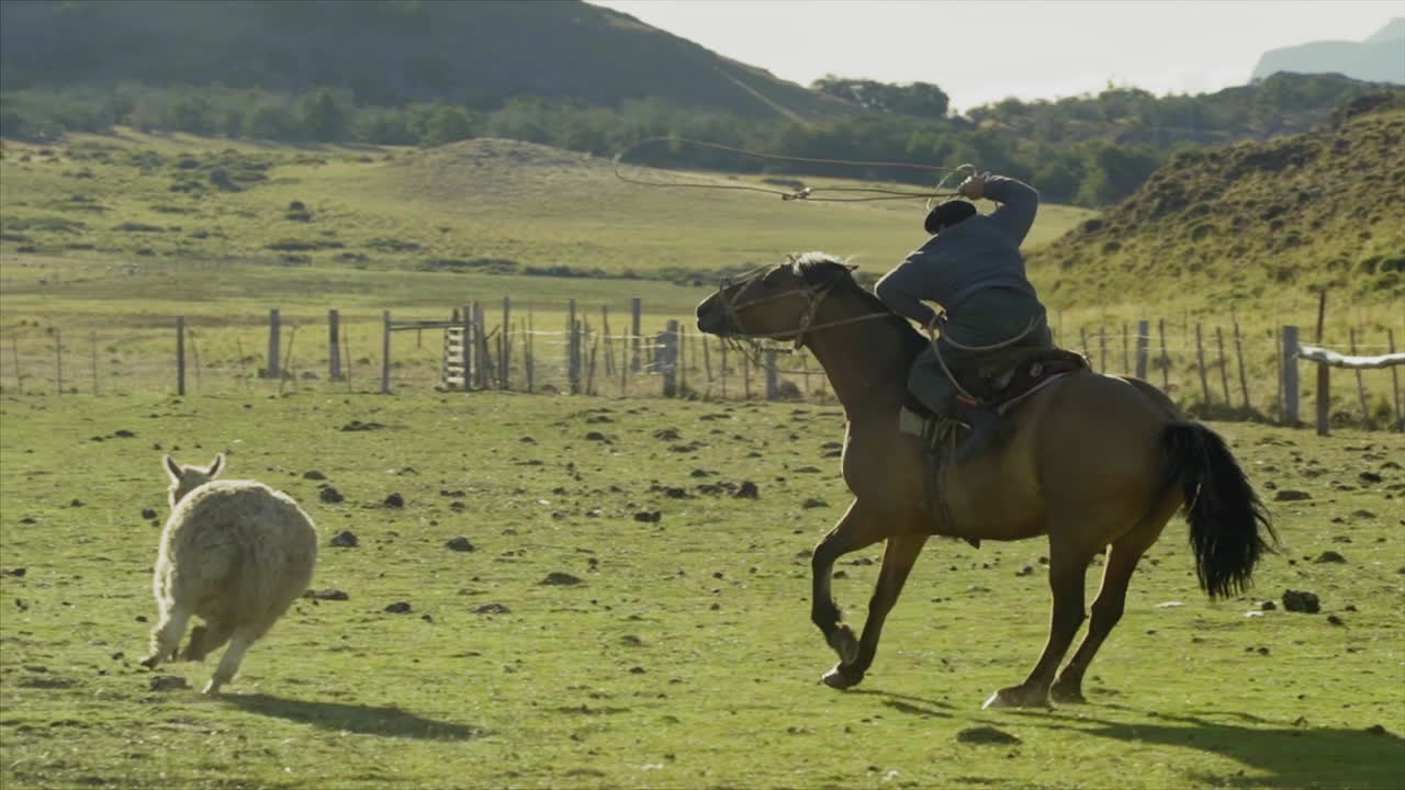 A man chases after a llama with a lasso