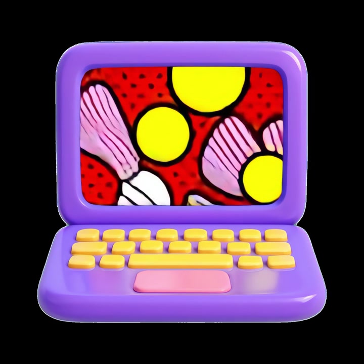 3D-animierter Spielzeug-Laptop mit abstrakten, farbenfrohen Bildschirmmustern