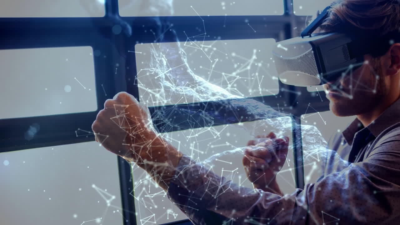 usando auriculares de realidad virtual, persona interactuando con animación de red digital a través de una ventana