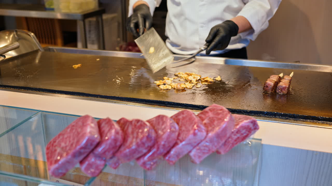 Close up of multiple pieces of Wagyu beef at the Tsukiji Fish Market in Japan