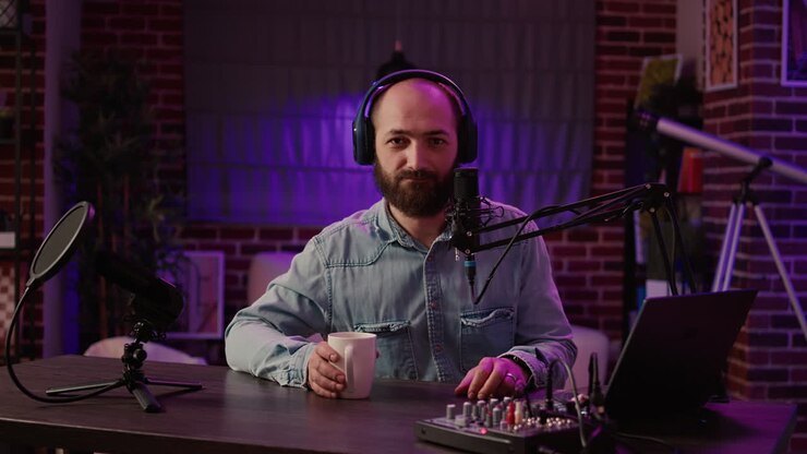 Ritratto di un conduttore radiofonico online che registra un podcast per un programma di intrattenimento utilizzando apparecchiature audio professionali