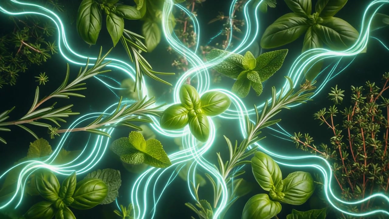 Świeże Zioła Kulinarne z Świecącymi Neonowymi Liniami Energii