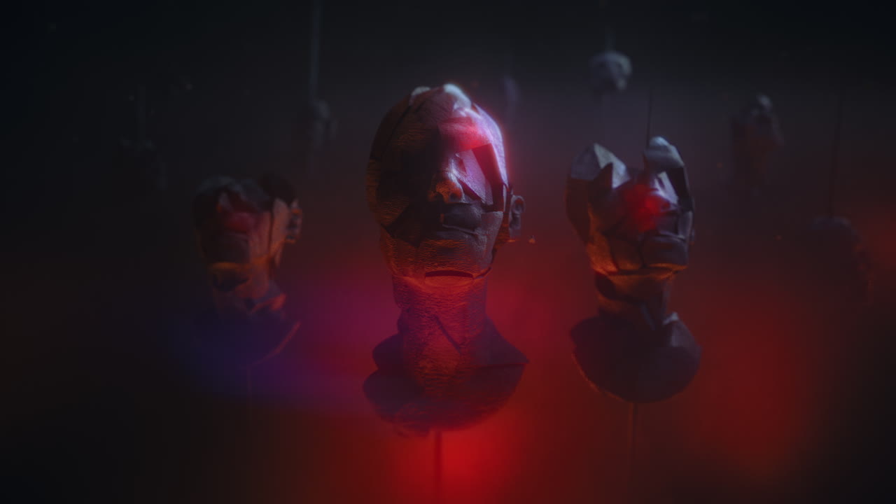 Three crushed android heads on spikes in hell