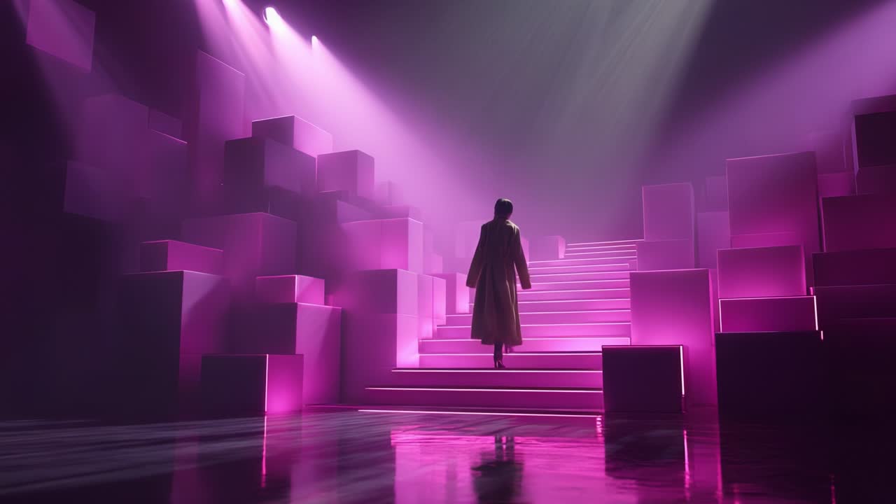 A person walking up stairs surrounded by purple lights and boxes