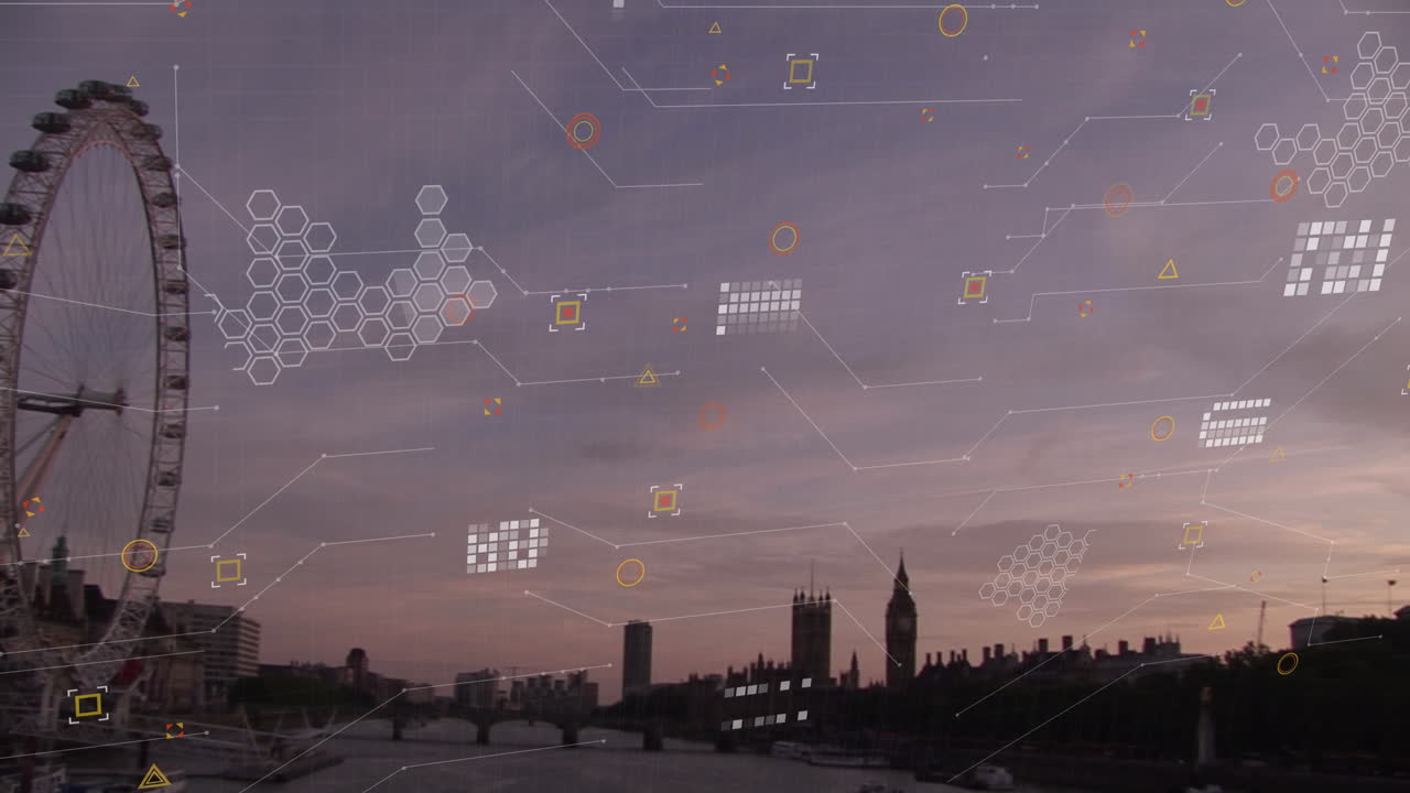 animación del procesamiento de datos financieros sobre el paisaje urbano de londres