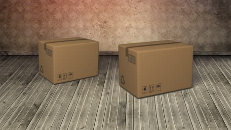 animación de dos cajas de cartón que caen en el suelo de madera