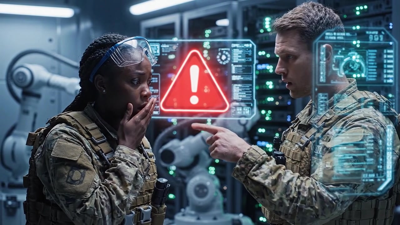 Two military personnel engage in a critical discussion while interacting with advanced technology and holographic displays in a high-tech environment.