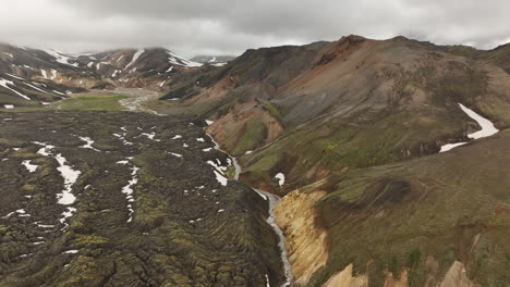 big icelandic lava field aerial shot landmannalaugar iceland cloudy day