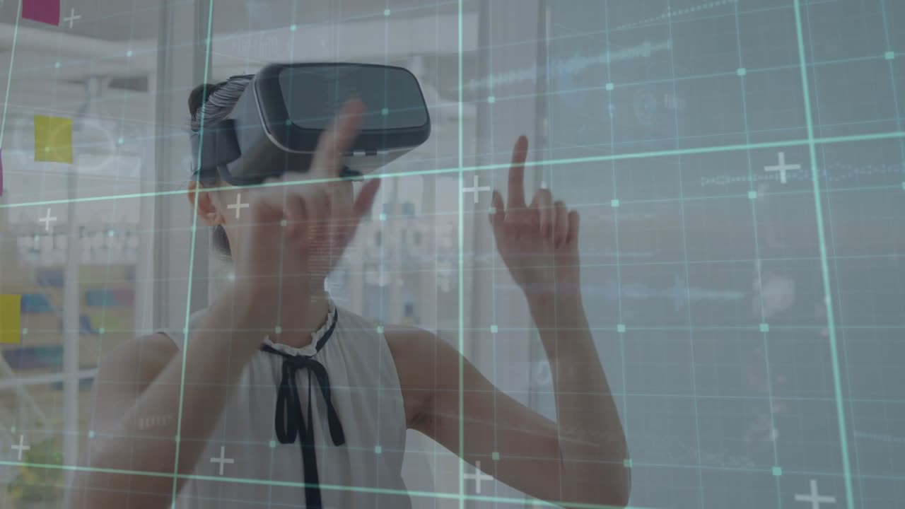 Tech woman raising hand, tapping VR grid overlay and configuring modern office workspace virtually