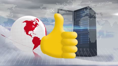 Thumbs-up-icon-and-spinning-globe-over-world-map-and-computer-server-against-clouds-in-sky