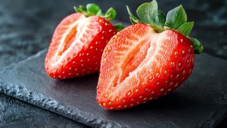 two halved strawberries on a dark surface