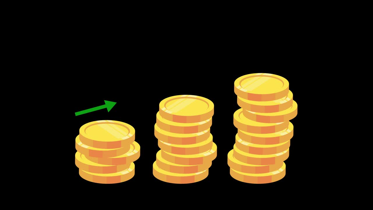 Falling gold coins animation on black background. Financial business diagram. Chart of coins. Data growth. Green arrow symbol. 4K video