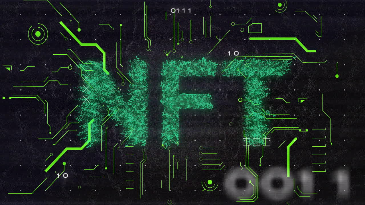 Animation of NFT text in green digital style over binary code background