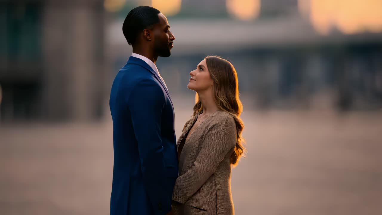 pareja interracial en la ciudad al atardecer