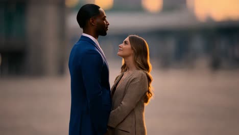 interracial couple in city at sunset