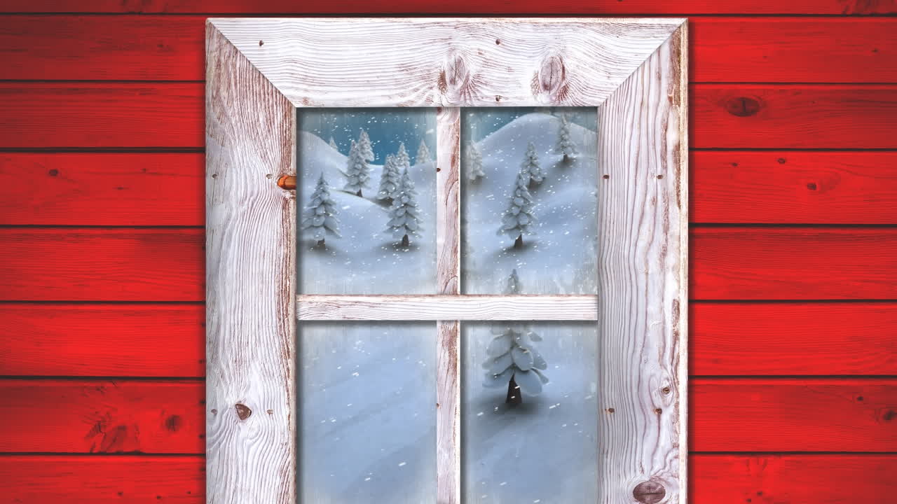 анимация падающего снега и рождественского зимнего пейзажа, виденного через окно