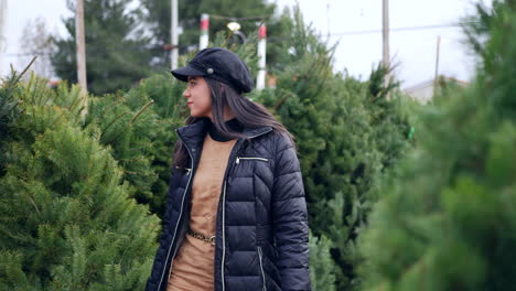 A-beautiful-woman-shopping-on-a-Christmas-tree-lot-with-green-douglas-fir-conifers-in-a-holiday-botanical-nursery