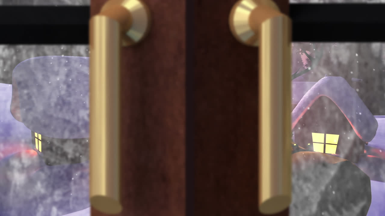 창문을 통해 보이는 크리스마스 장식과 함께 겨울 풍경의 애니메이션