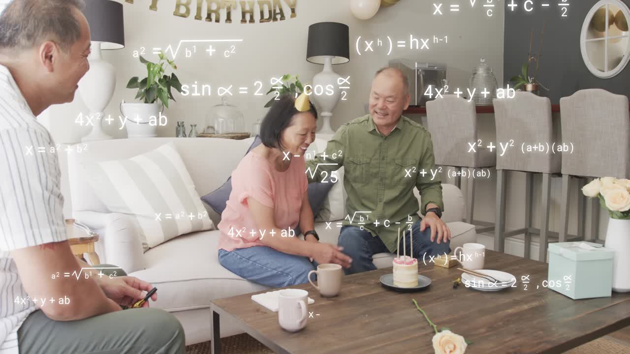 Couple moving to birthday cake, man adjusting candles and woman guiding guest, formulas overlaying