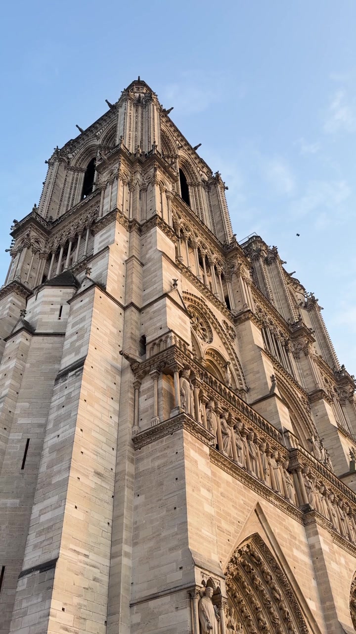 Paris, Fransa'da açık gökyüzüyle Notre Dame Katedrali cephesinin yukarı doğru görünümü.