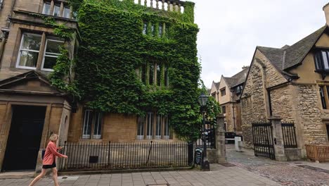 a person walking past historic buildings