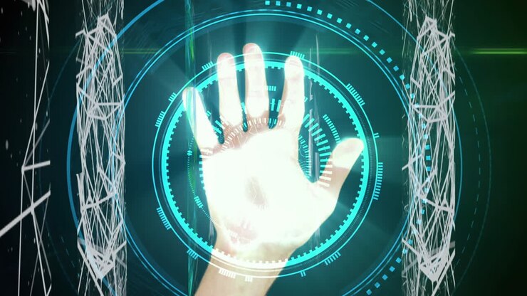Scansione della mano su sfondo di un'interfaccia digitale di cyber sicurezza