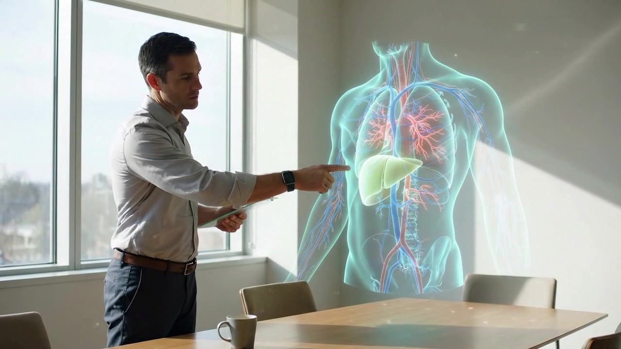 Doctor Presenting Holographic Human Anatomy in Modern Office
