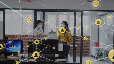 animation of network of connections with icons over business people in office