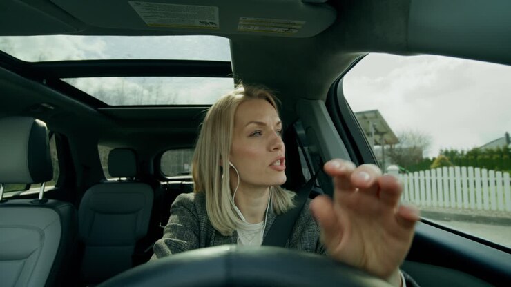 Donna che guida l'auto, ascoltando musica