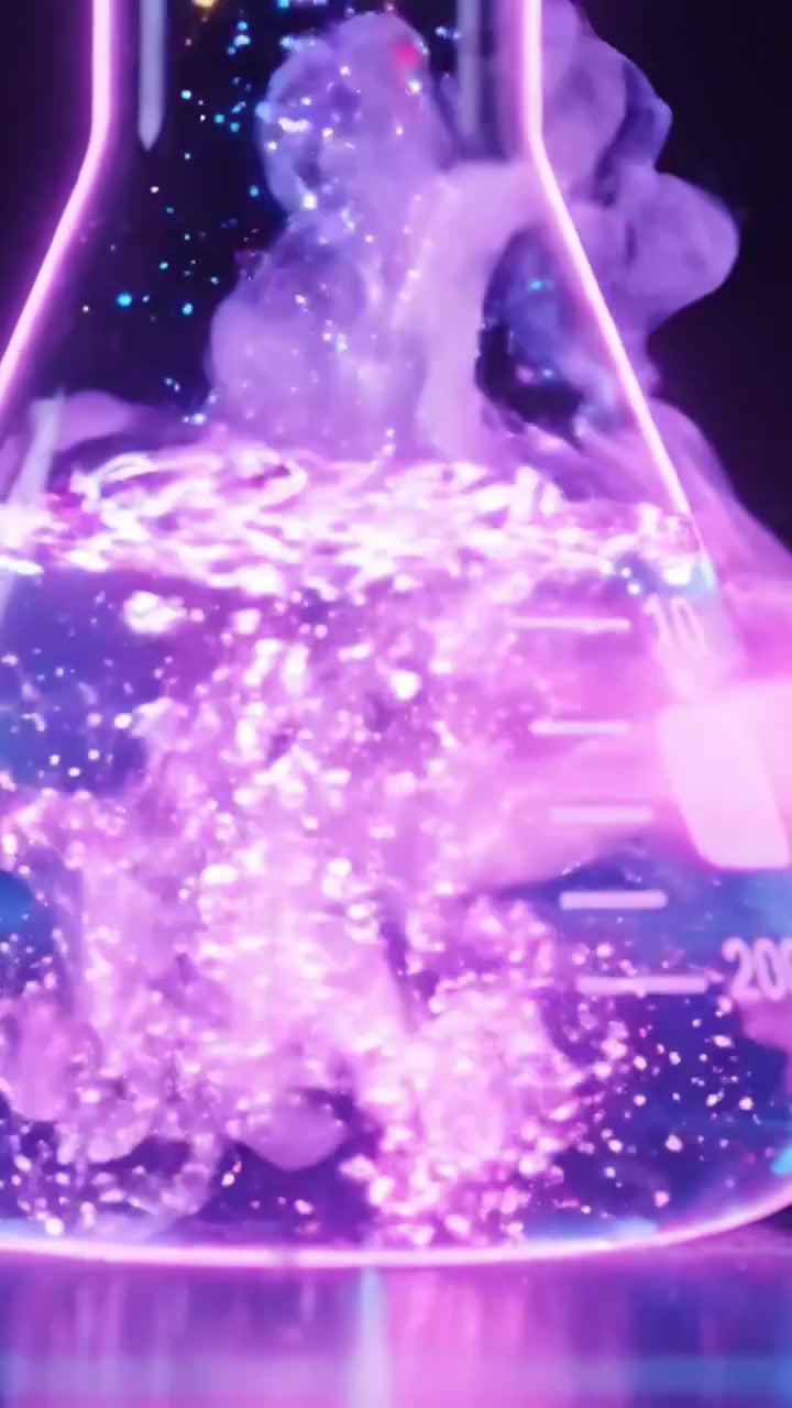 Uma transformação hipnotizante em um laboratório, enquanto um frasco brilhante cheio de líquido roxo borbulhante emite vapor místico, exibindo as maravilhas da ciência e da química.
