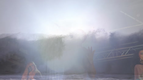 three singers performing on entertainment stage, casting purple and white lights through fog haze