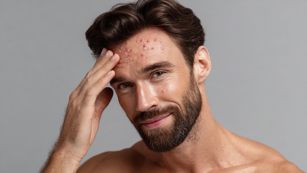 Un uomo sicuro di sé con l'acne mostra bellezza naturale e accettazione di sé in ritratti fotogenici, raccontando al contempo percorsi di cura della pelle e crescita personale
