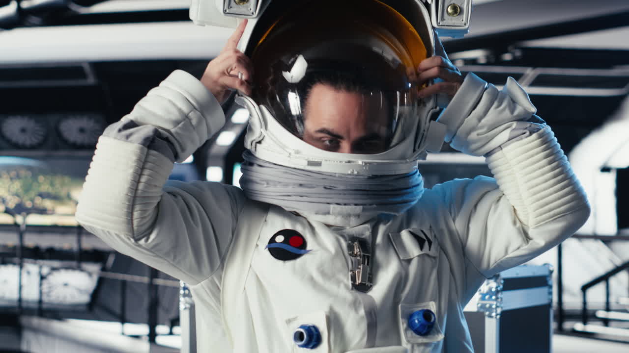 Portrait of joyous cosmonaut putting helmet on, preparing for mission launh