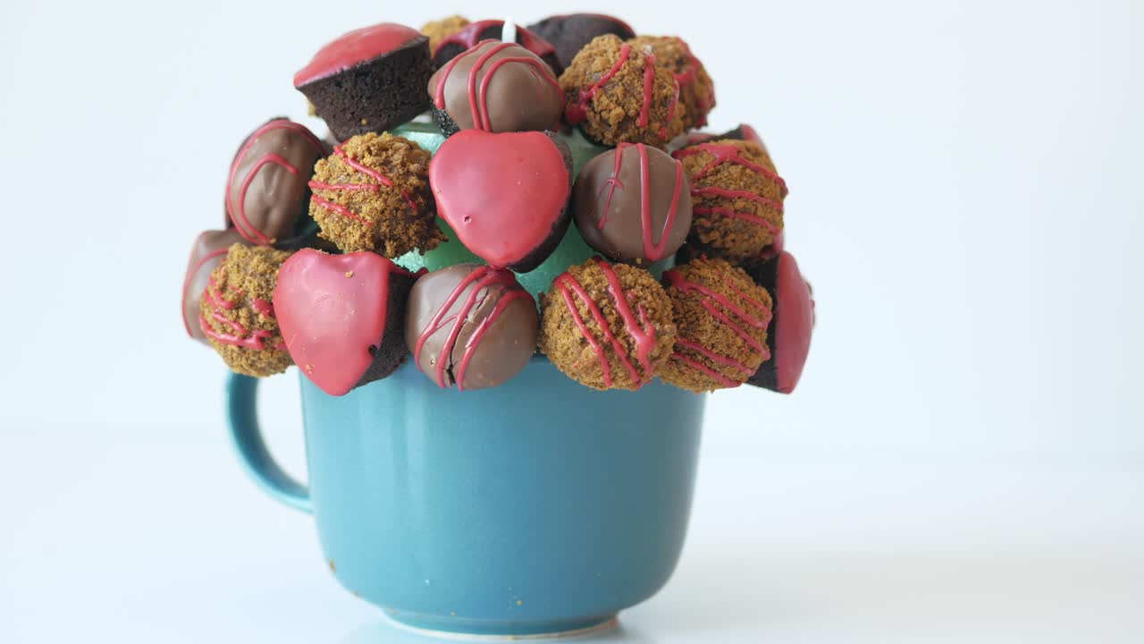 arreglo de ramos de chocolate en una taza de azul azulado