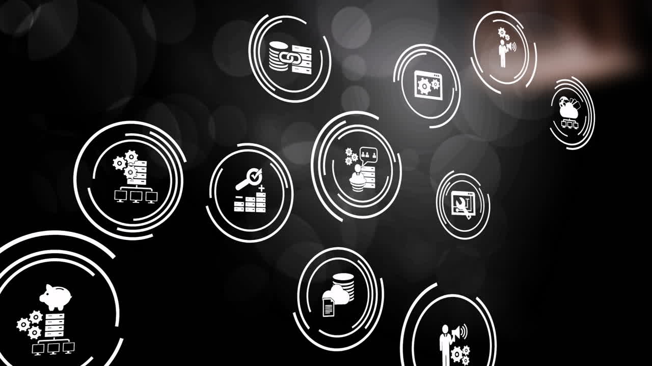 Animated technology icons over dark background with bokeh lights