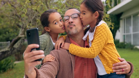 father, children and kiss outdoor for a selfie