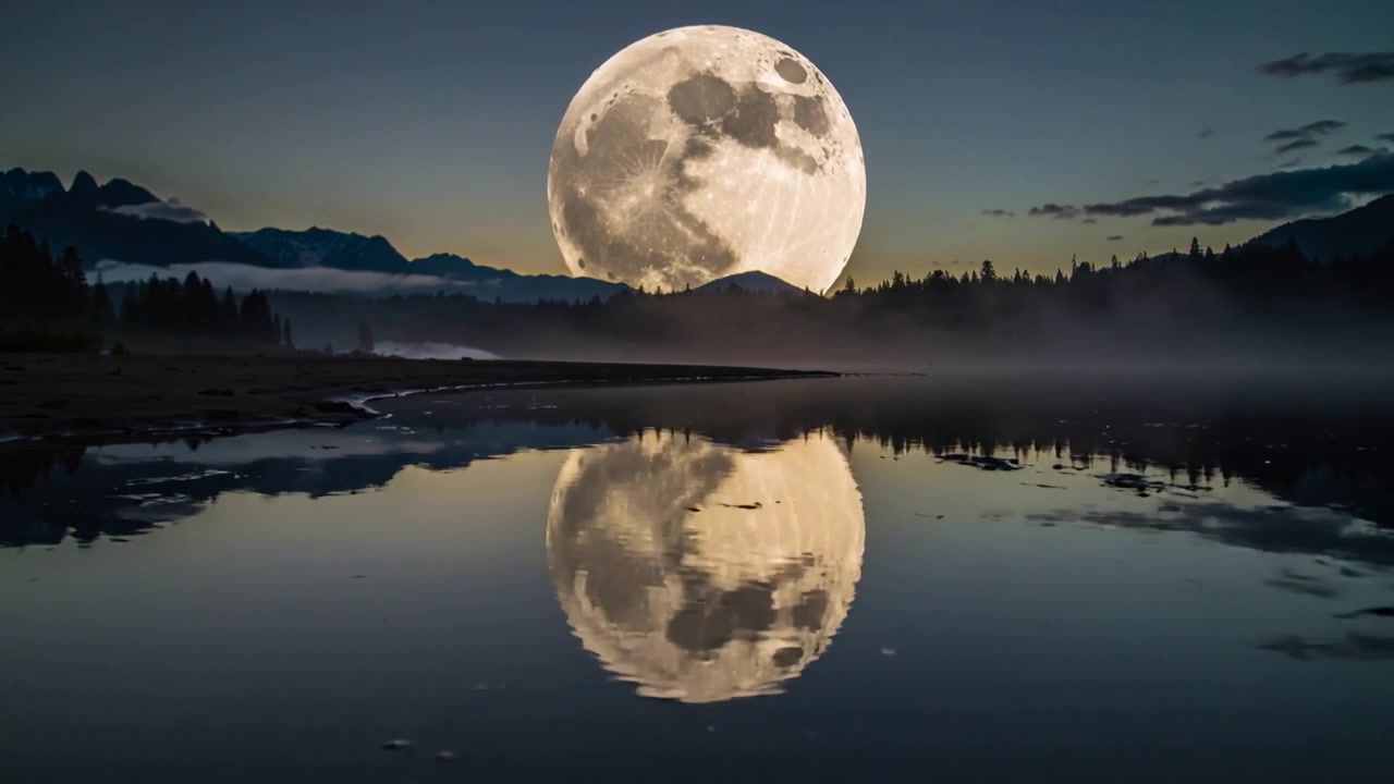 Lua cheia nascente e reflexo subindo ao crepúsculo na costa, com uma brisa leve ondulando a água