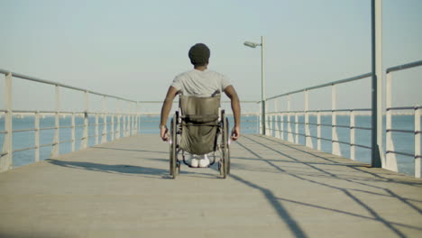 Rückansicht-Aufnahme-Eines-Schwarzen-Mannes-Im-Rollstuhl-Am-Meer