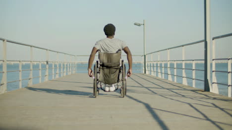 back view shot of black man riding wheelchair at seafront