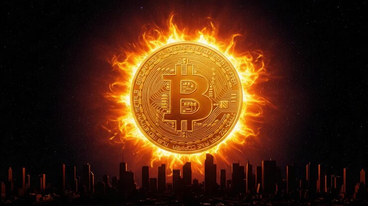 A cosmic representation of Bitcoin, illuminated like a sun over a city skyline, symbolizes the growing influence and prominence of cryptocurrency in modern finance and culture.