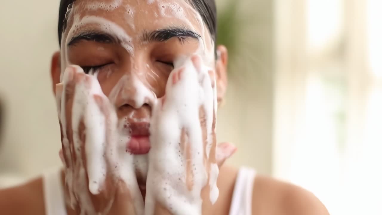 Close-up video of a person washing face with foam, shot from a front angle, natural light