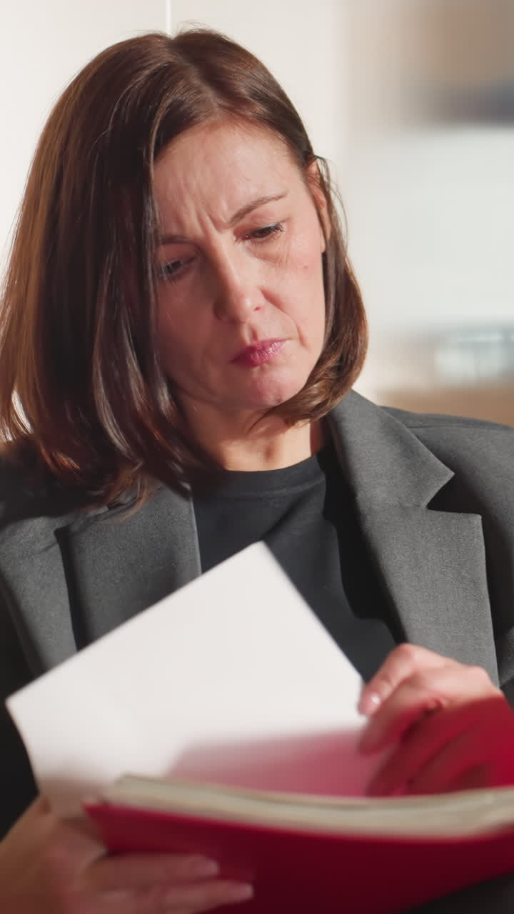 Una empresaria profesional con traje gris lee documentos en una carpeta roja mientras está sentada en interiores, con una expresión concentrada y seria, iluminación natural con una planta de interior y decoración de oficina al fondo