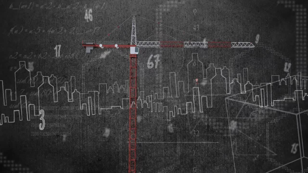 animación de números sobre grúa y paisaje urbano sobre fondo gris